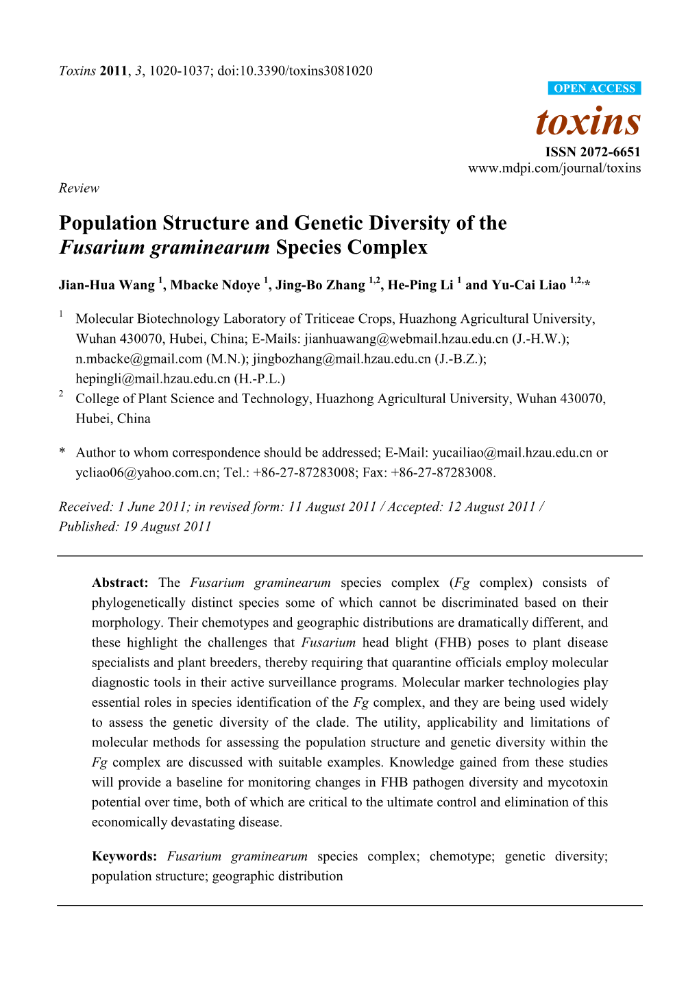Population Structure and Genetic Diversity of the Fusarium Graminearum Species Complex