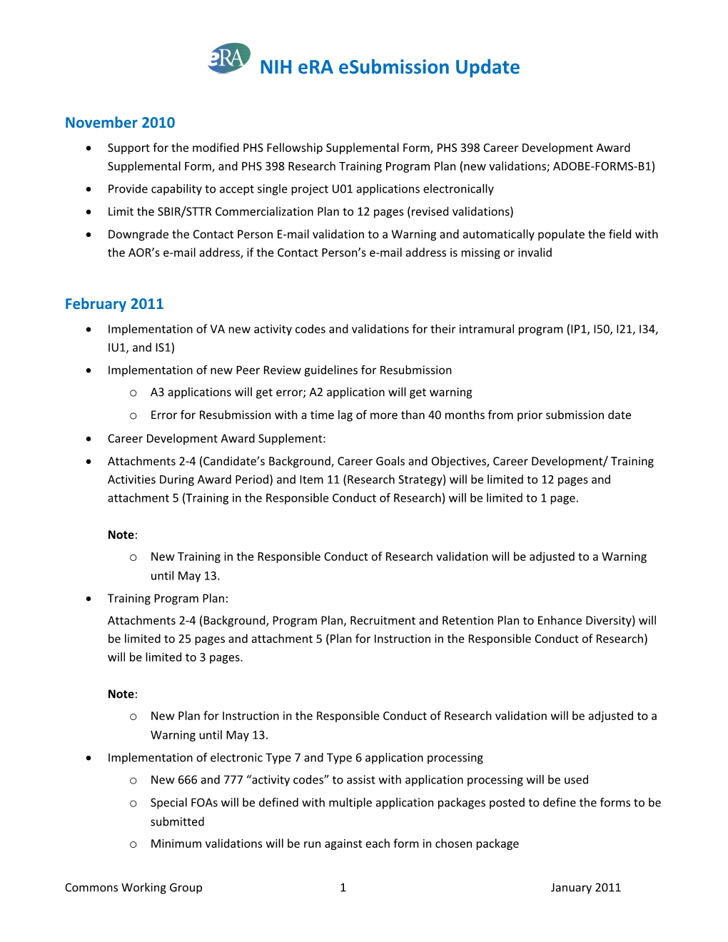 NIH Era Esubmission Update - 01/26/11