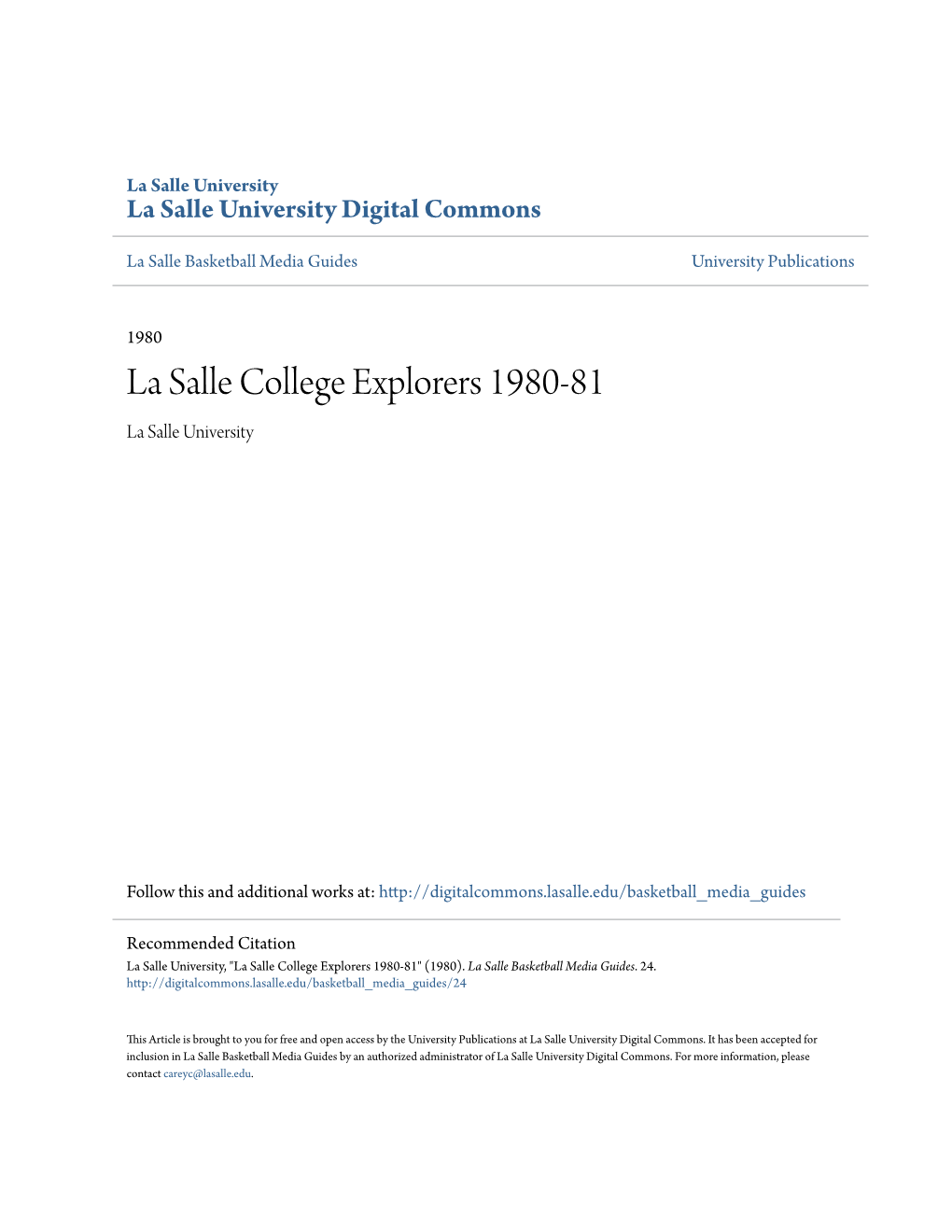La Salle College Explorers 1980-81 La Salle University