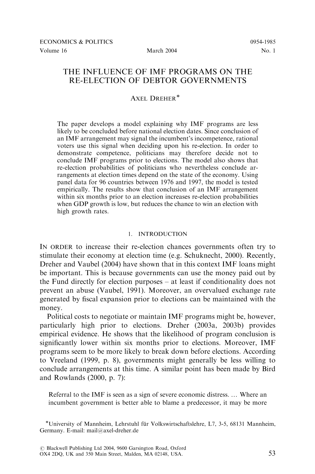 The Influence of Imf Programs on the Re-Election of Debtor Governments