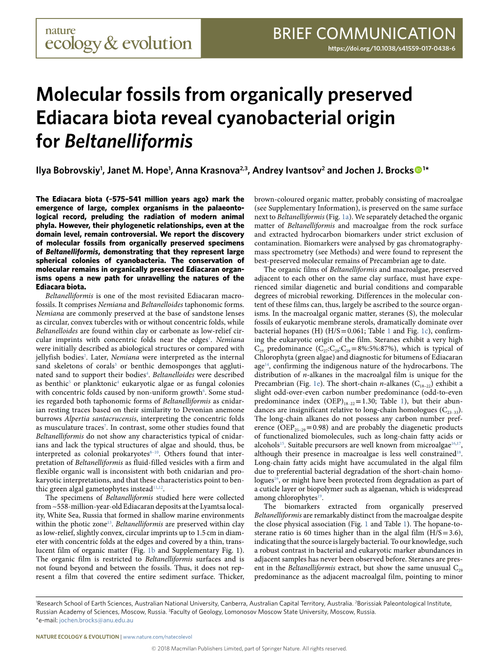 Molecular Fossils from Organically Preserved Ediacara Biota Reveal Cyanobacterial Origin for Beltanelliformis