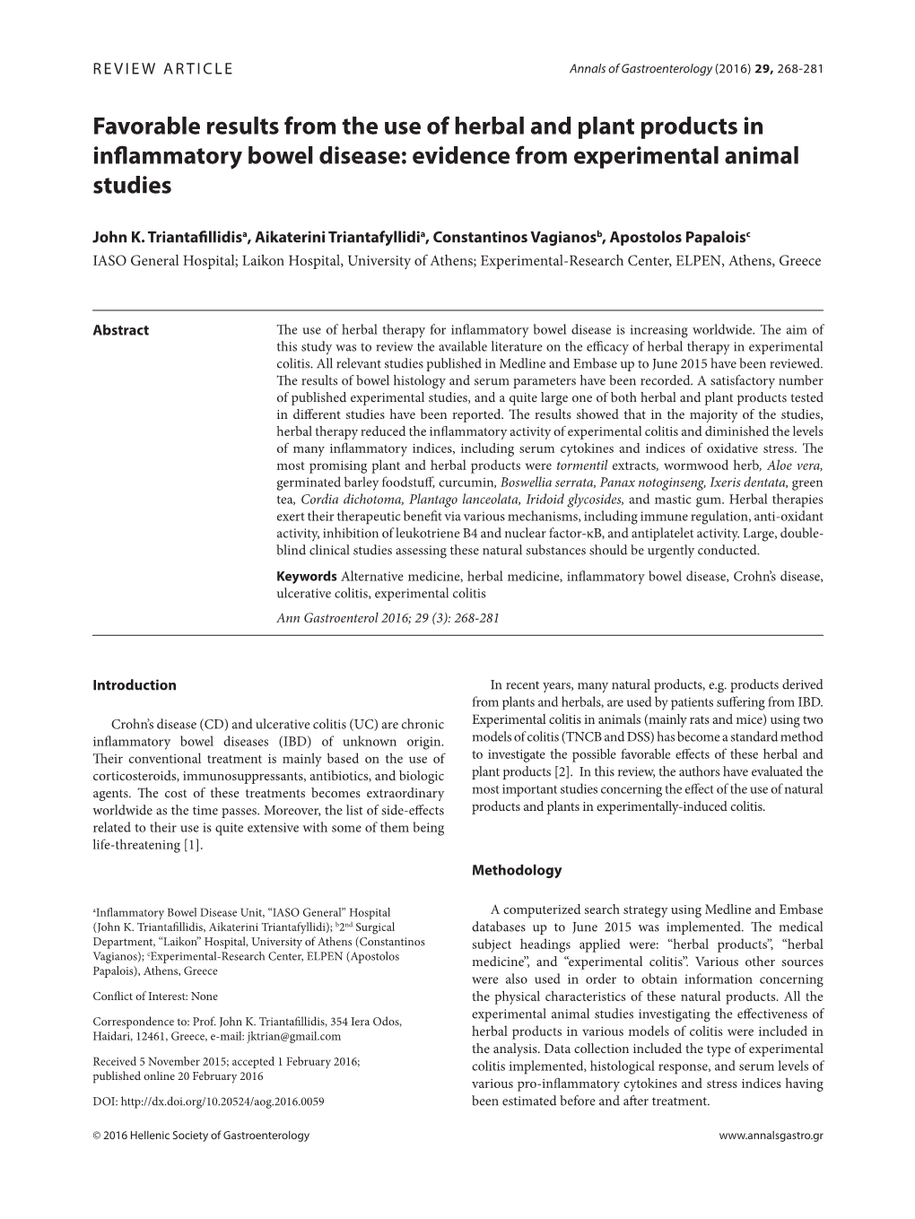 Favorable Results from the Use of Herbal and Plant Products in Infl Ammatory Bowel Disease: Evidence from Experimental Animal Studies