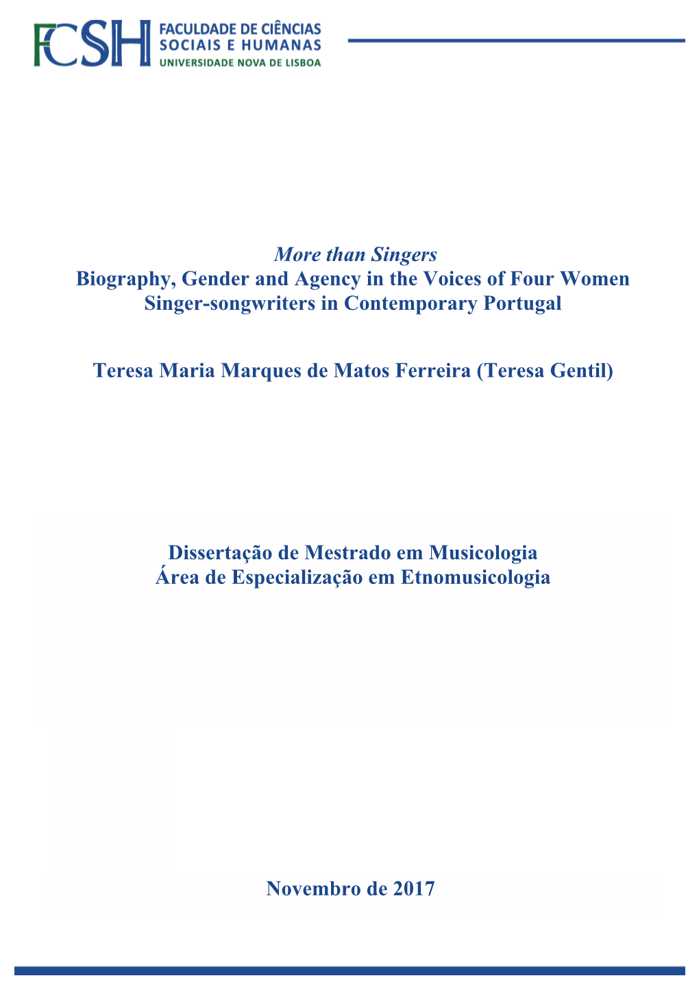 More Than Singers Biography, Gender and Agency in the Voices of Four Women Singer-Songwriters in Contemporary Portugal