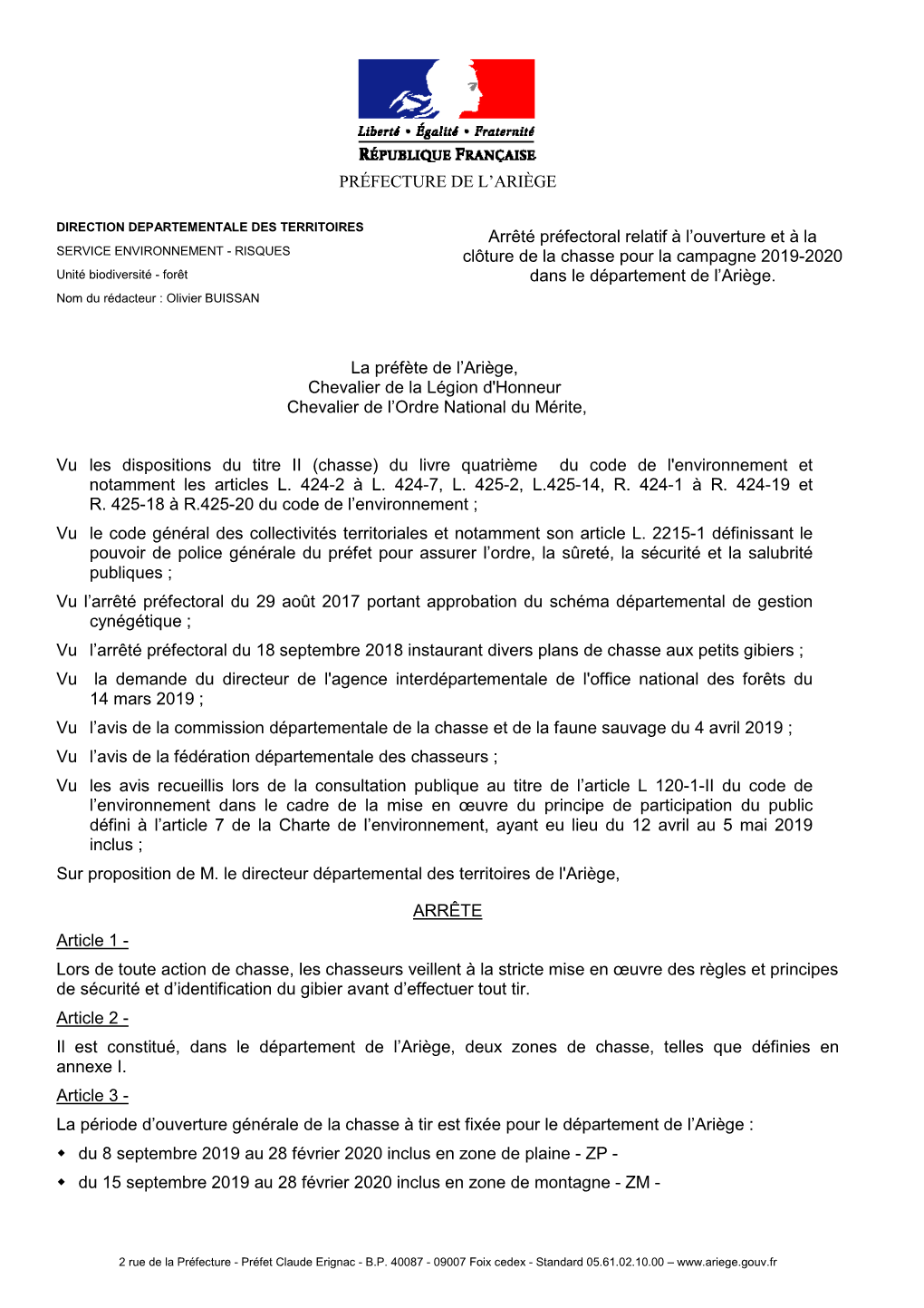 Ouverture Et Cloture Chasse 2019-2020