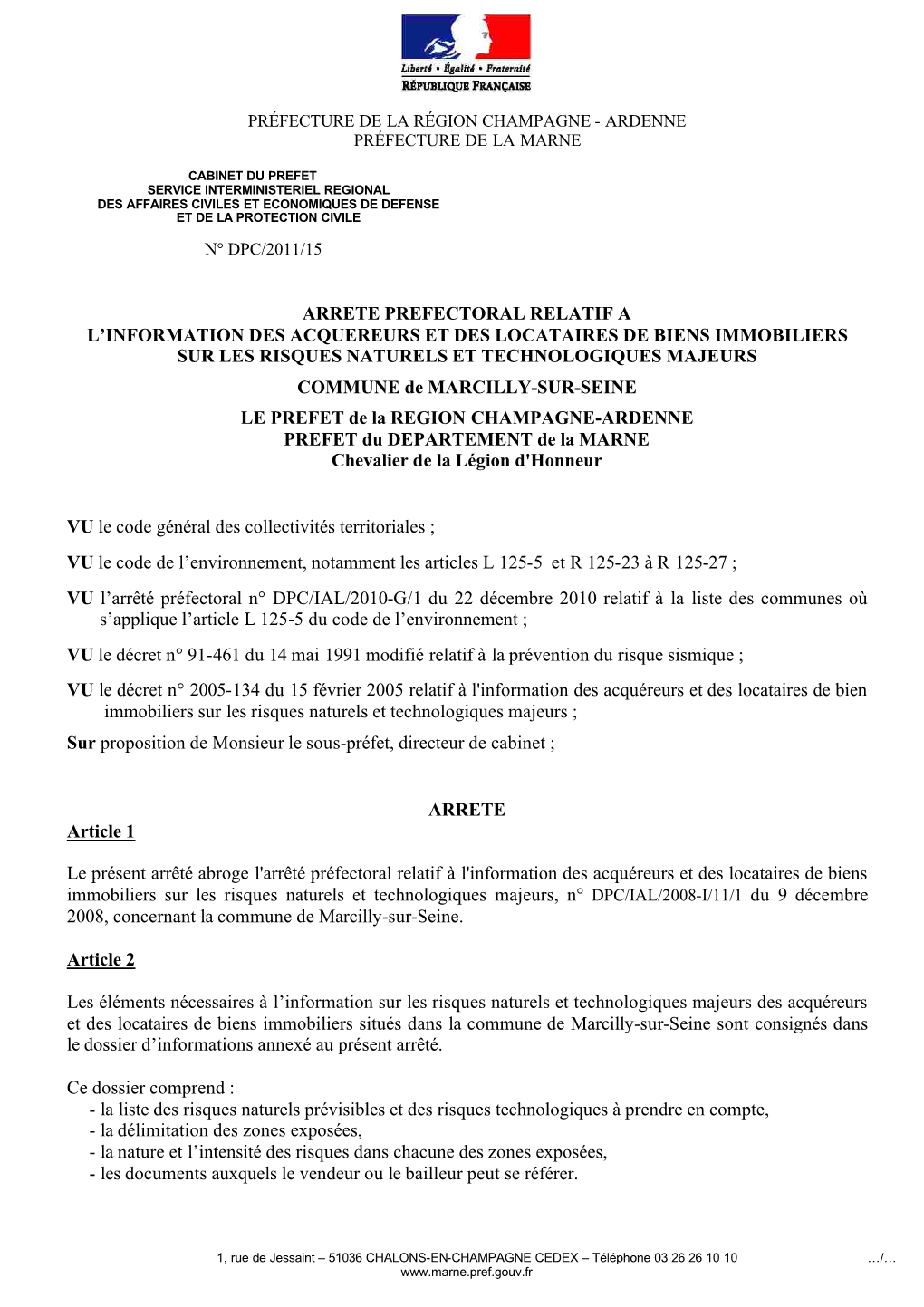 Arrete Prefectoral Relatif a L'information Des Acquereurs Et Des Locataires De Biens Immobiliers Sur Les Risques Naturels Et T