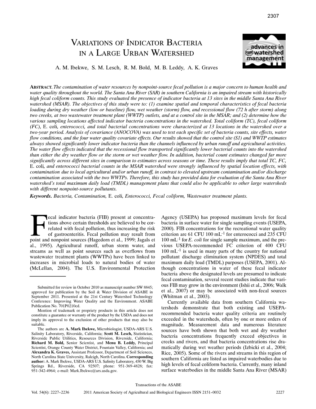 Variations of Indicator Bacteria in a Large Urban Watershed