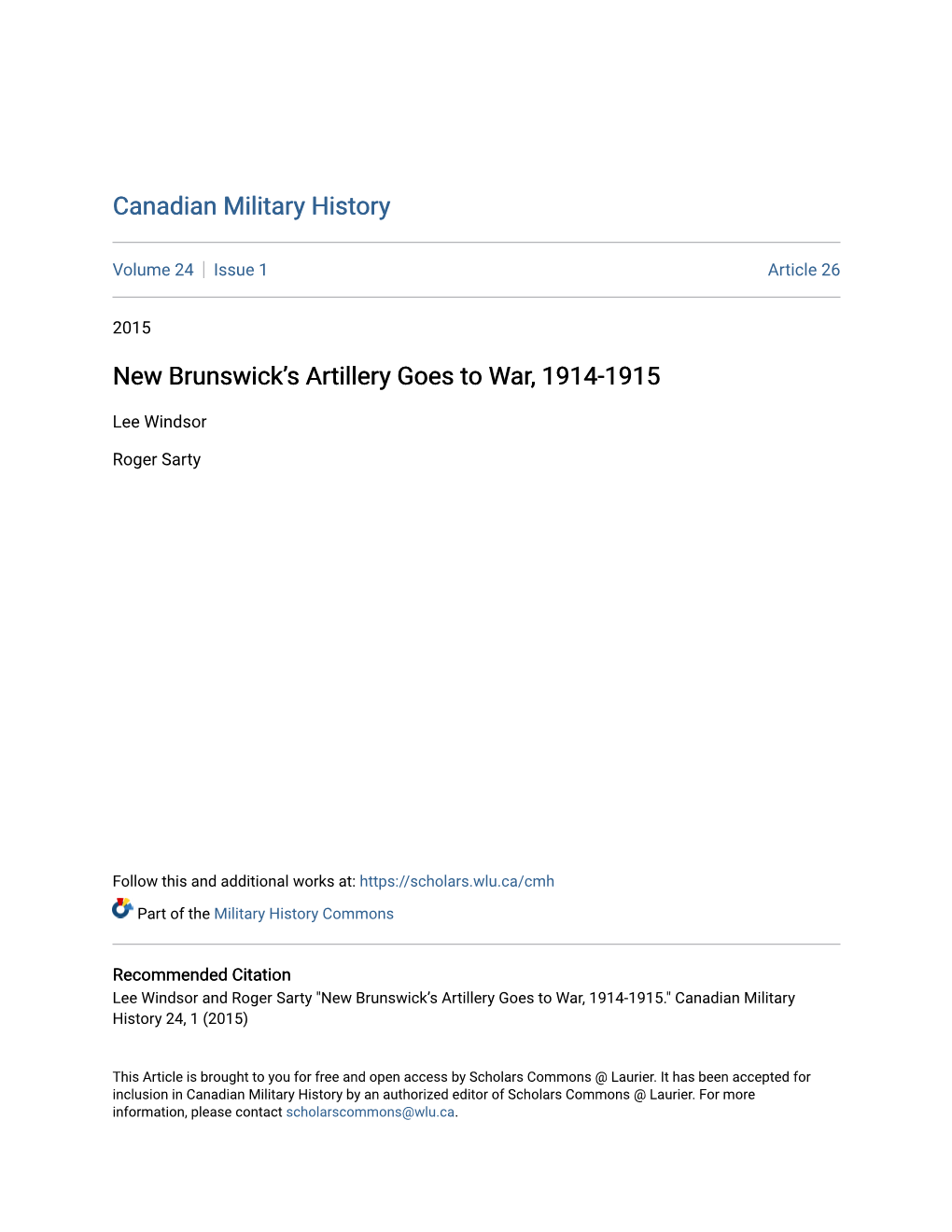 New Brunswickâ•Žs Artillery Goes to War, 1914-1915