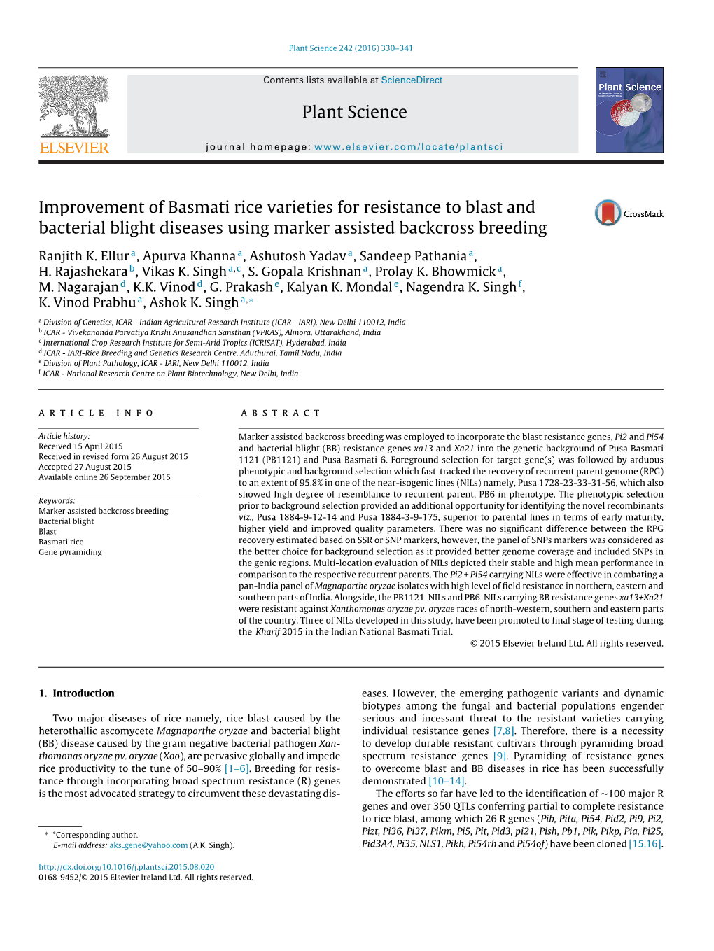 Improvement of Basmati Rice Varieties for Resistance to Blast and Bacterial