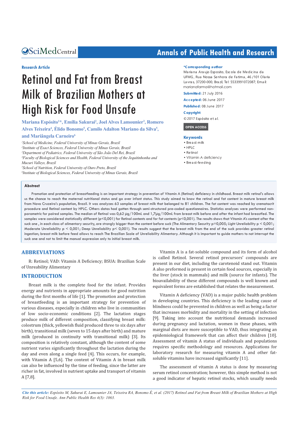 Retinol and Fat from Breast Milk of Brazilian Mothers at High Risk for Food Unsafe