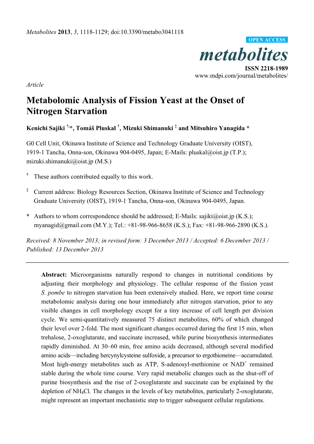 Metabolomic Analysis of Fission Yeast at the Onset of Nitrogen Starvation