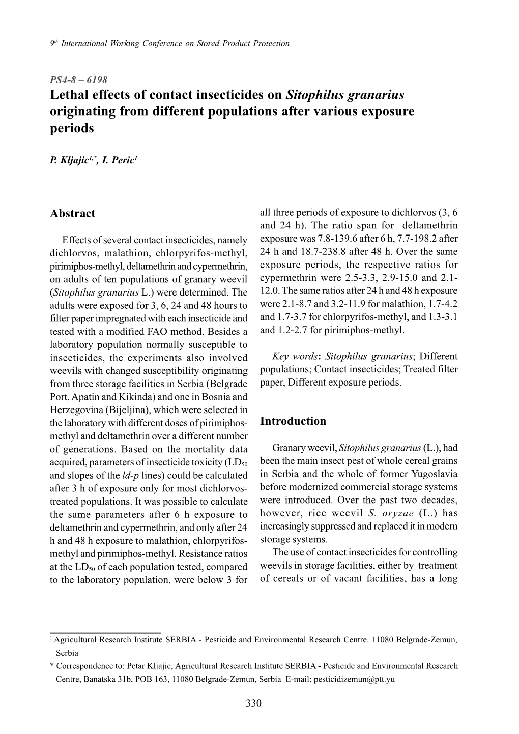 Lethal Effects of Contact Insecticides on Sitophilus Granarius Originating from Different Populations After Various Exposure Periods