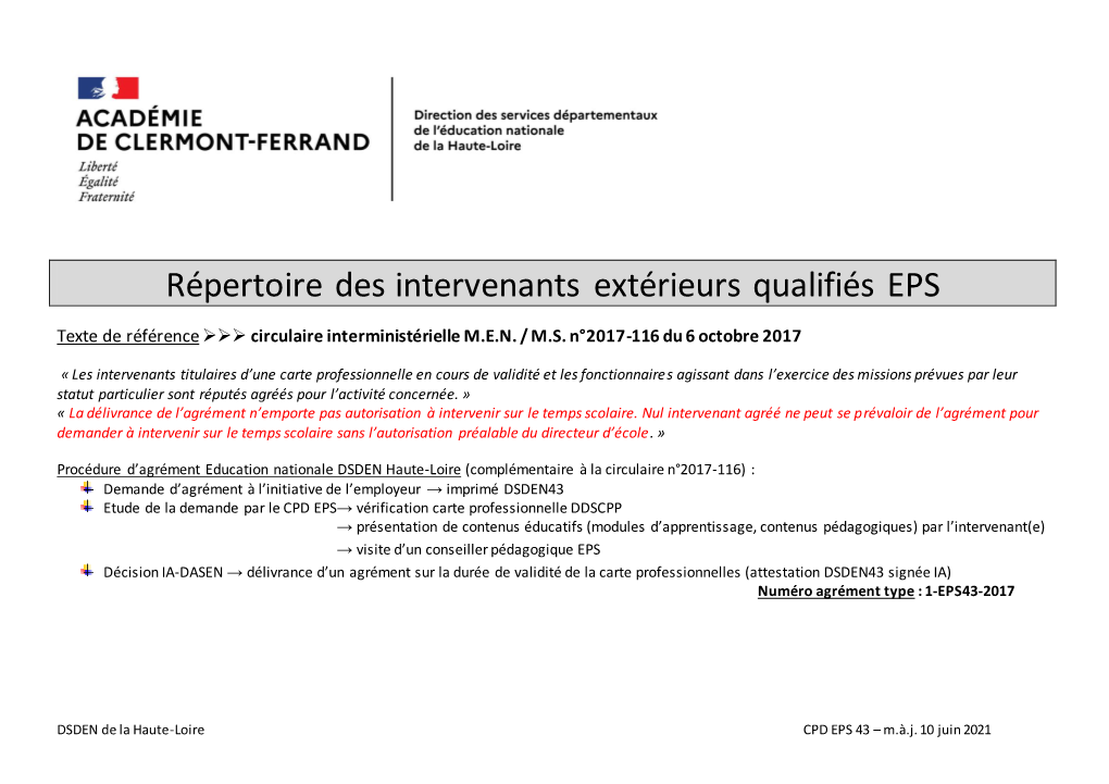 Répertoire Des Intervenants Extérieurs Qualifiés EPS