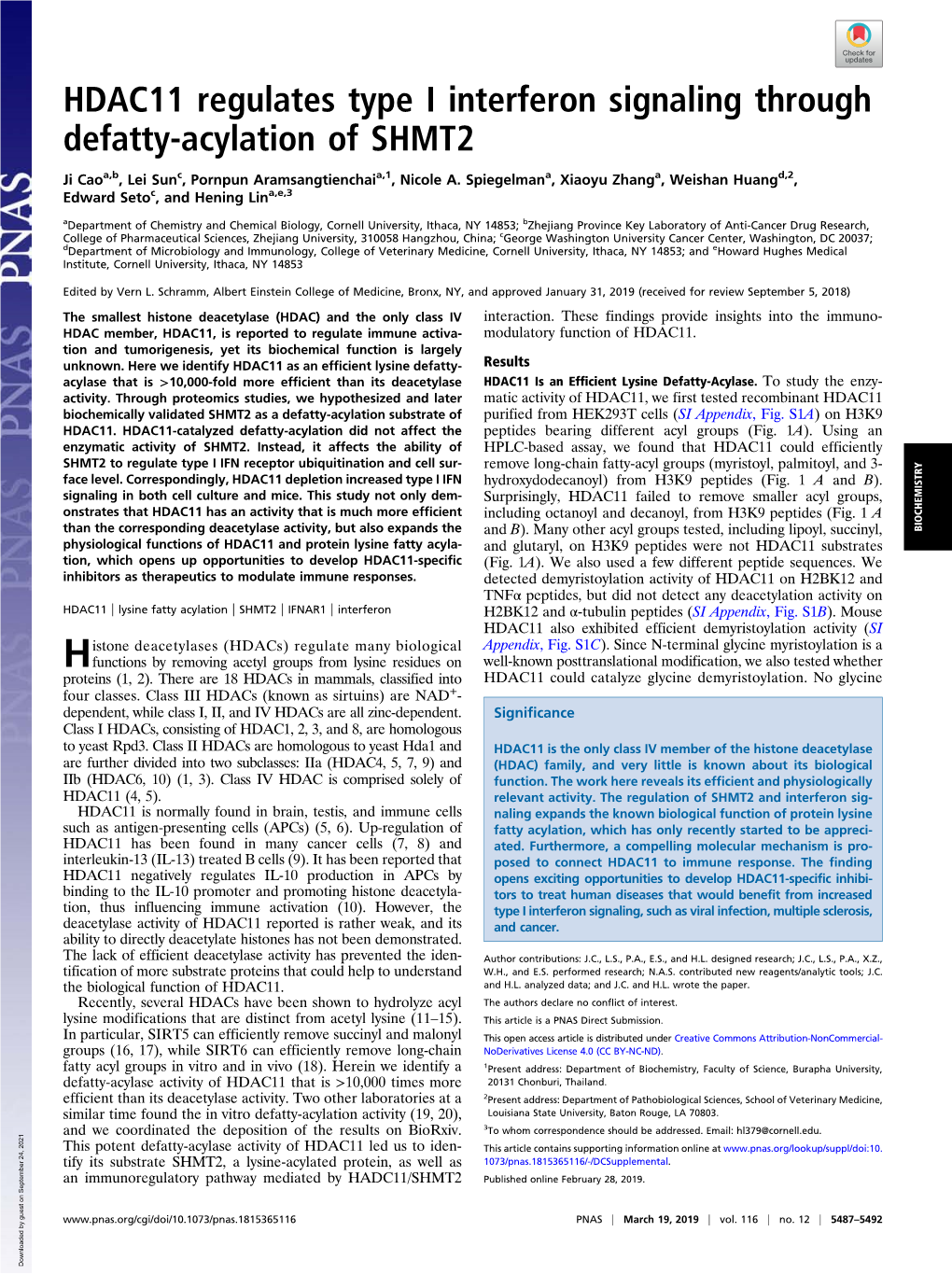 HDAC11 Regulates Type I Interferon Signaling Through Defatty-Acylation of SHMT2