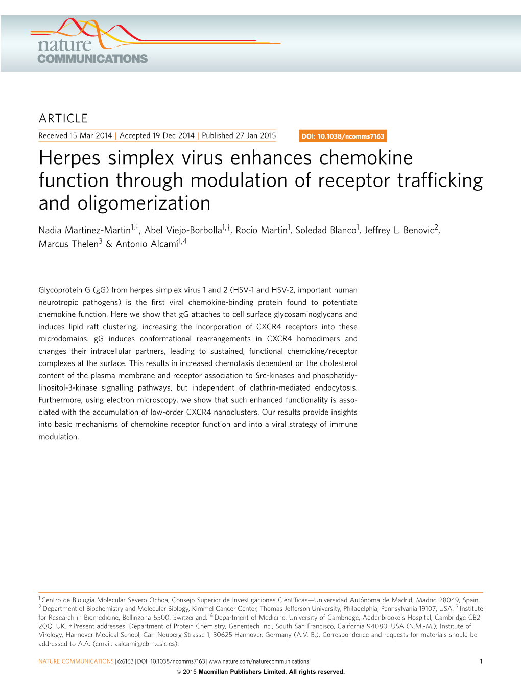 Herpes Simplex Virus Enhances Chemokine Function Through Modulation of Receptor Trafﬁcking and Oligomerization