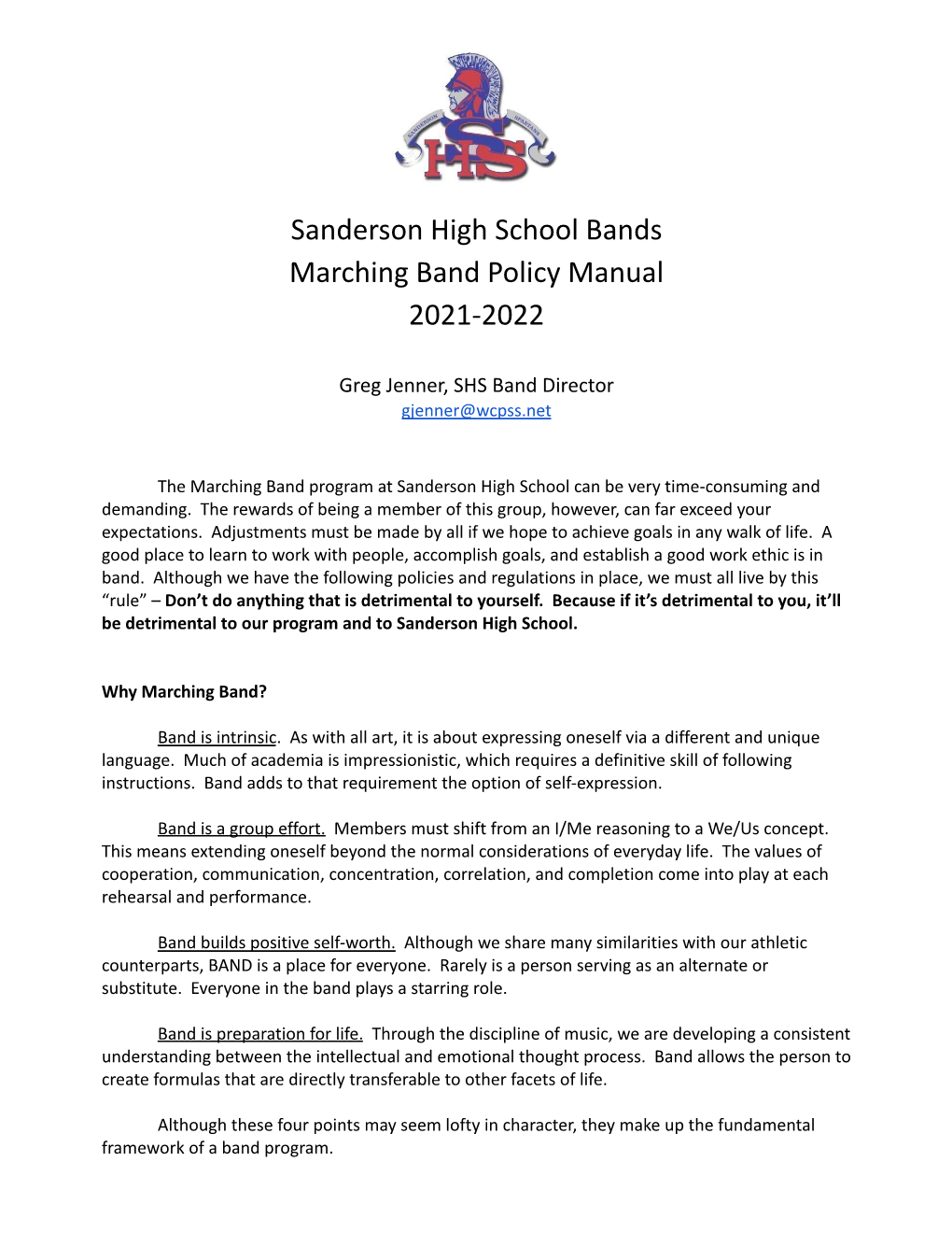 Sanderson High School Bands Marching Band Policy Manual 2021-2022