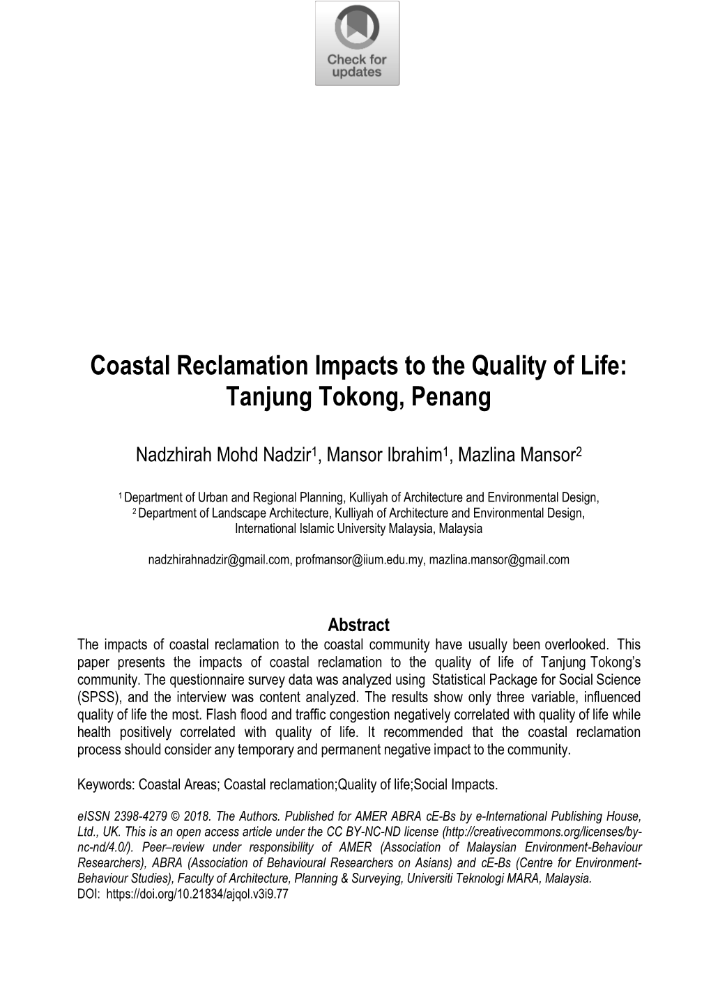 Coastal Reclamation Impacts to the Quality of Life: Tanjung Tokong, Penang