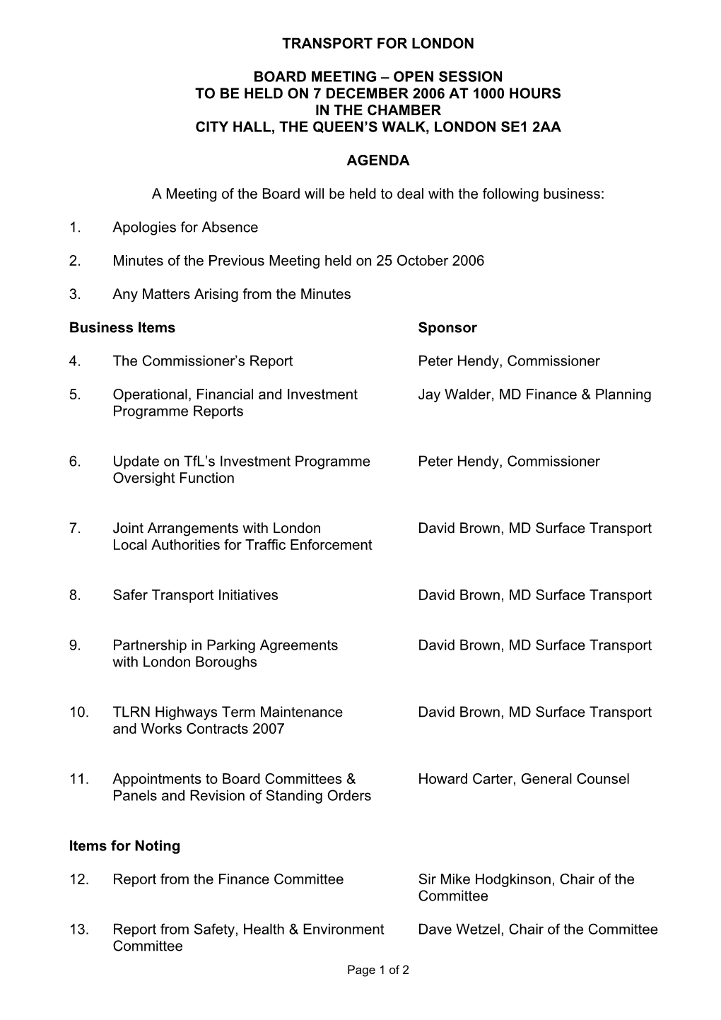 Transport for London Board Meeting – Open Session to Be