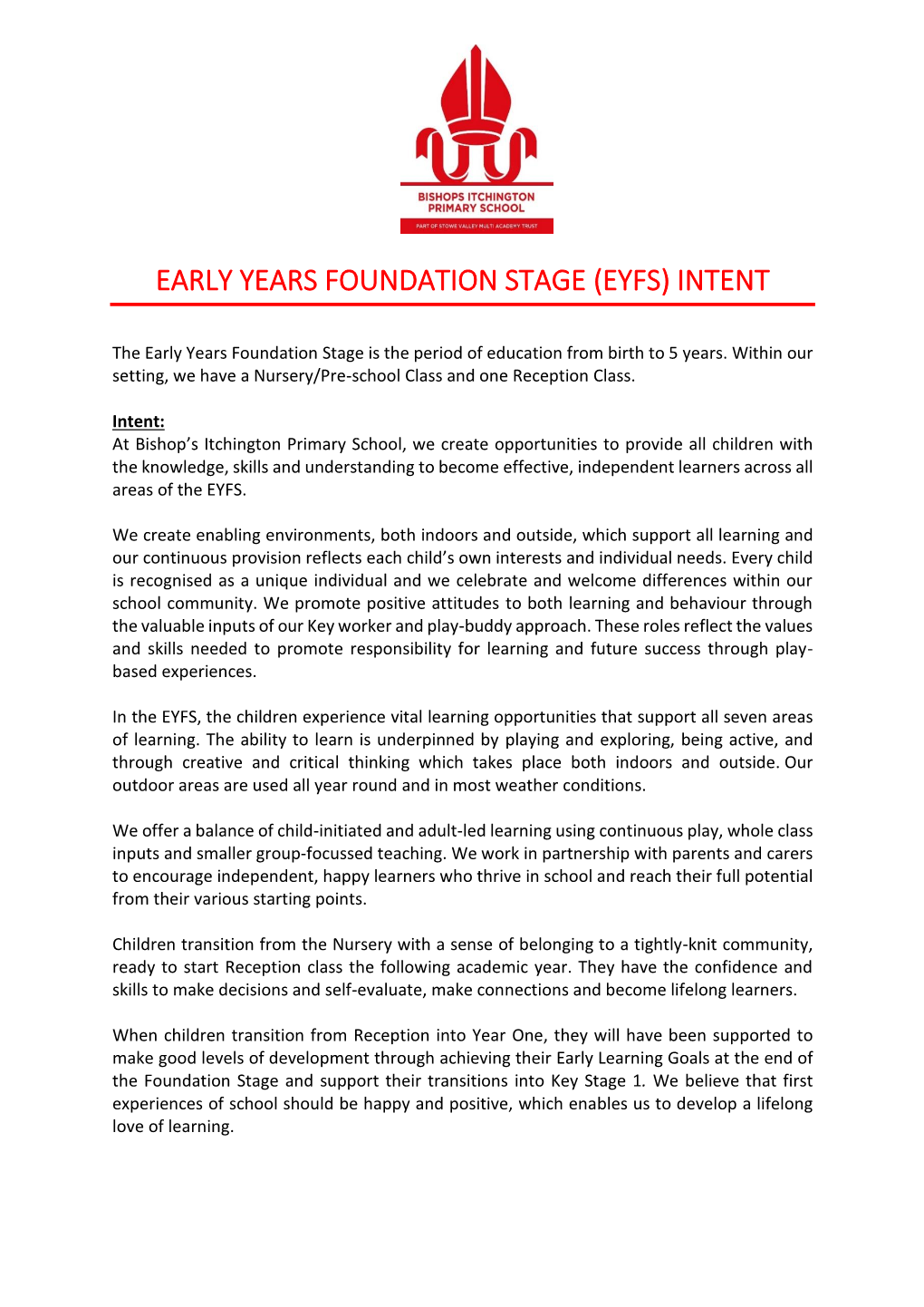 Early Years Foundation Stage (Eyfs) Intent