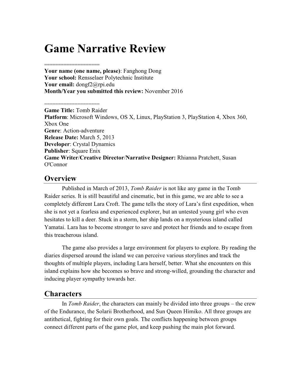 Game Narrative Review