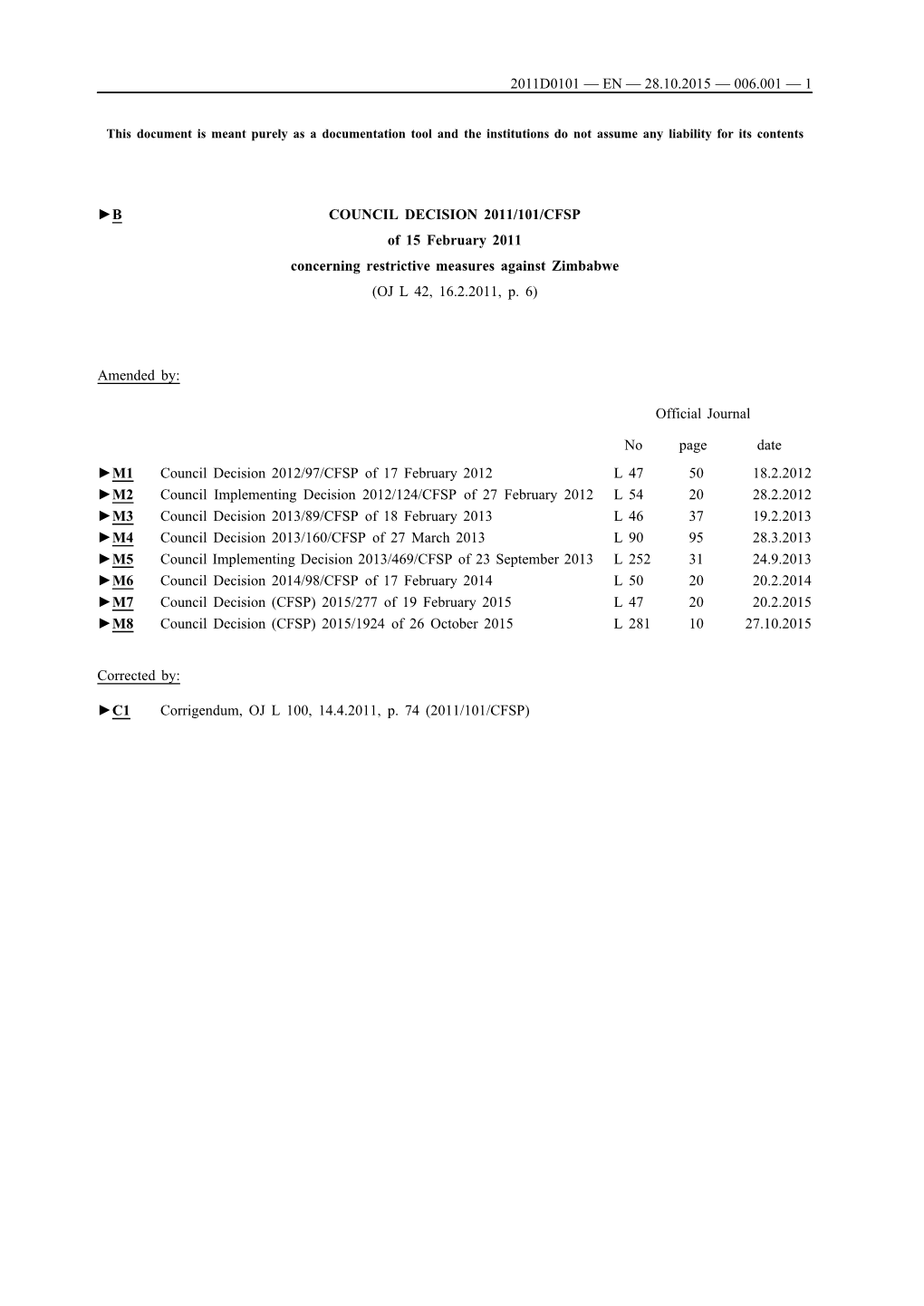 B COUNCIL DECISION 2011/101/CFSP of 15 February 2011 Concerning Restrictive Measures Against Zimbabwe (OJ L 42, 16.2.2011, P