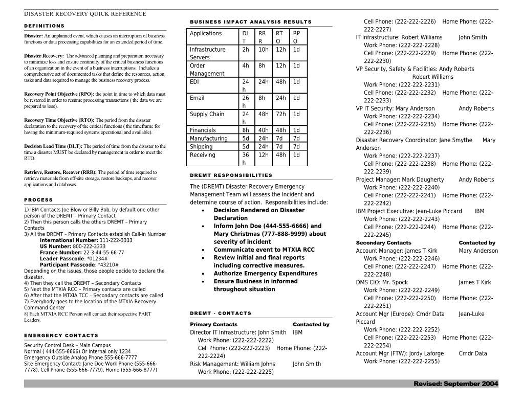 Disaster Recovery Quick Reference