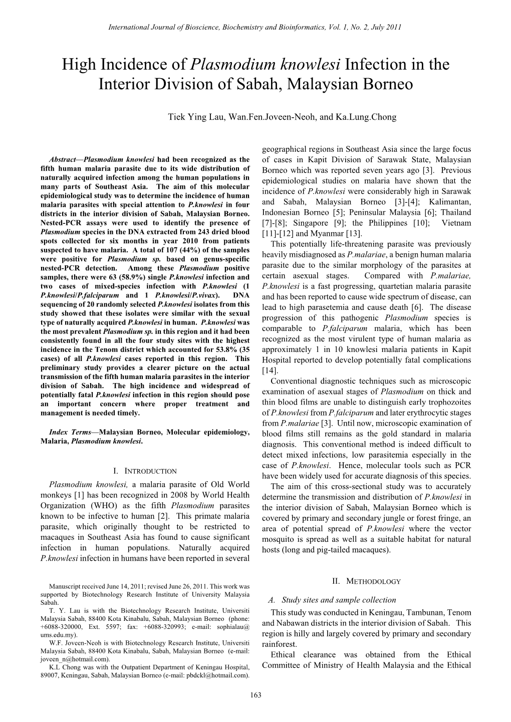 High Incidence of Plasmodium Knowlesi Infection in the Interior Division of Sabah, Malaysian Borneo