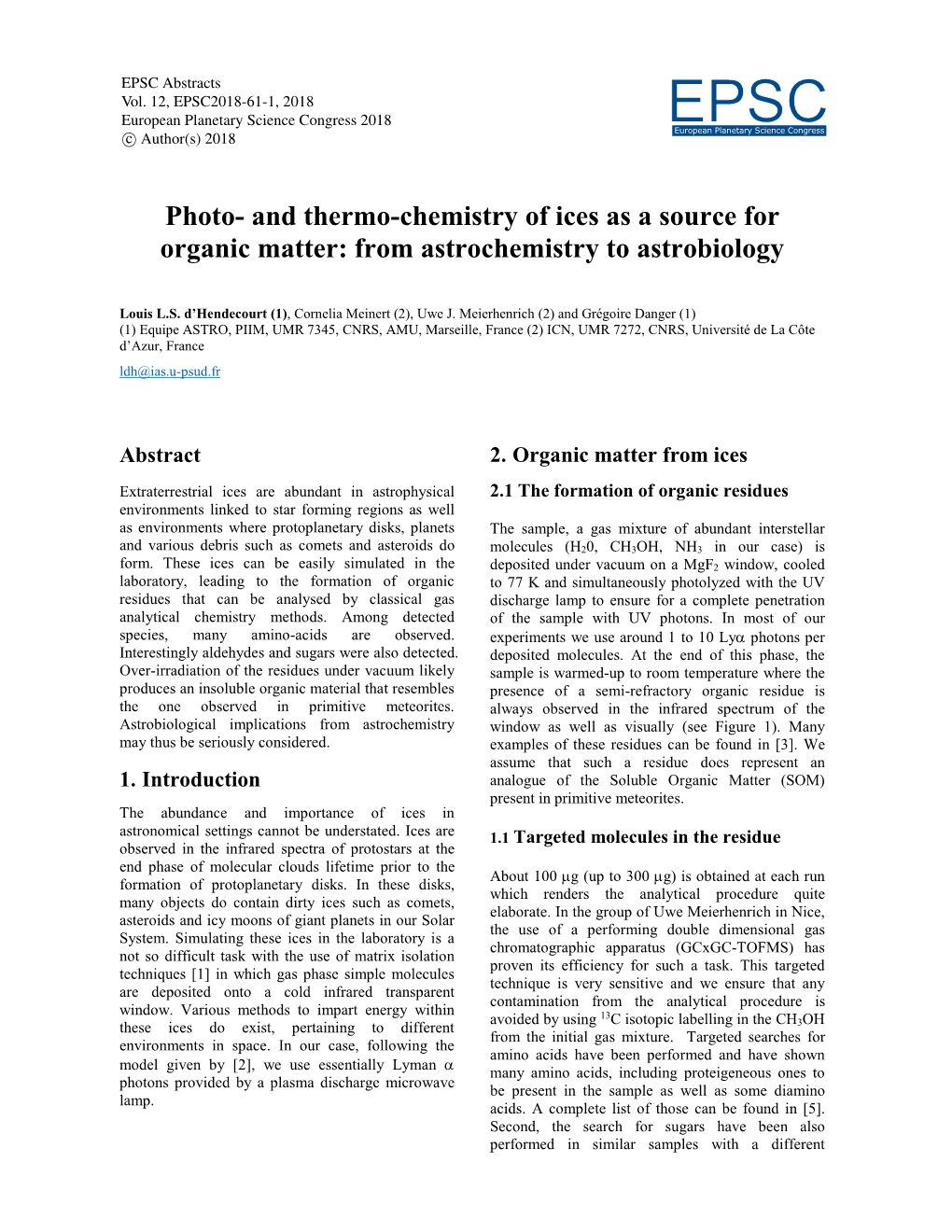 EPSC2018-61-1, 2018 European Planetary Science Congress 2018 Eeuropeapn Planetarsy Science Ccongress C Author(S) 2018