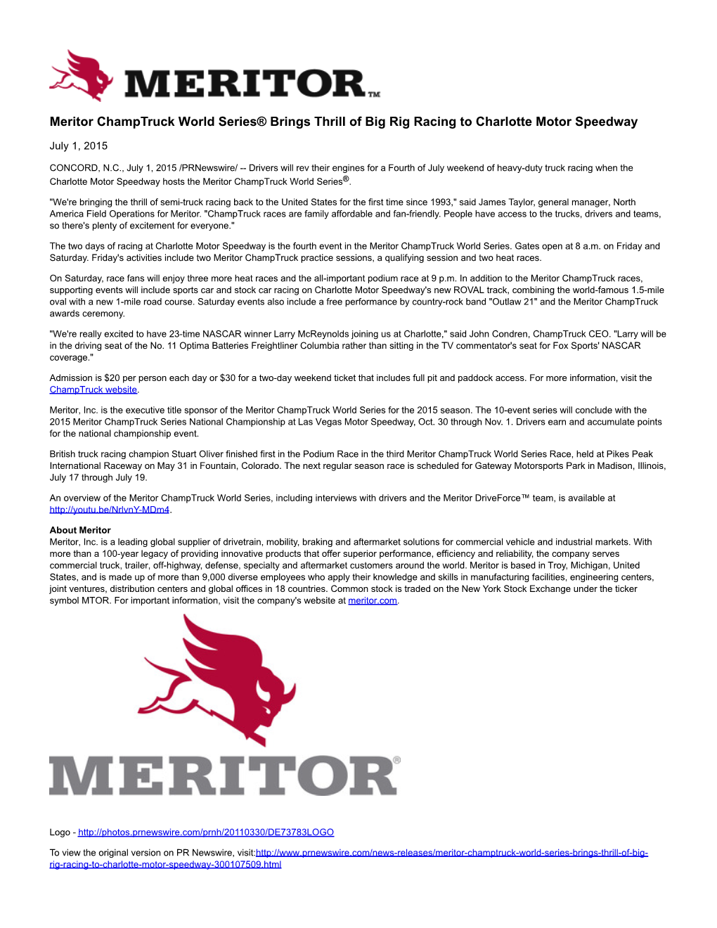 Meritor Champtruck World Series® Brings Thrill of Big Rig Racing to Charlotte Motor Speedway