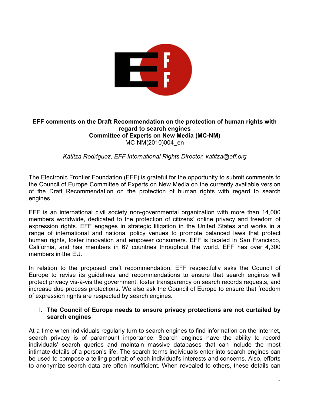 1 EFF Comments on the Draft Recommendation on the Protection