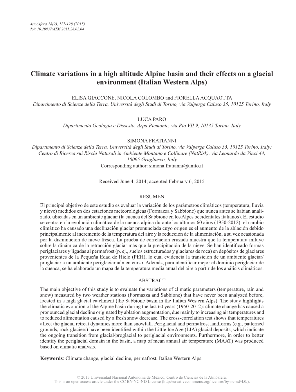 Climate Variations in a High Altitude Alpine Basin and Their Effects on a Glacial Environment (Italian Western Alps)