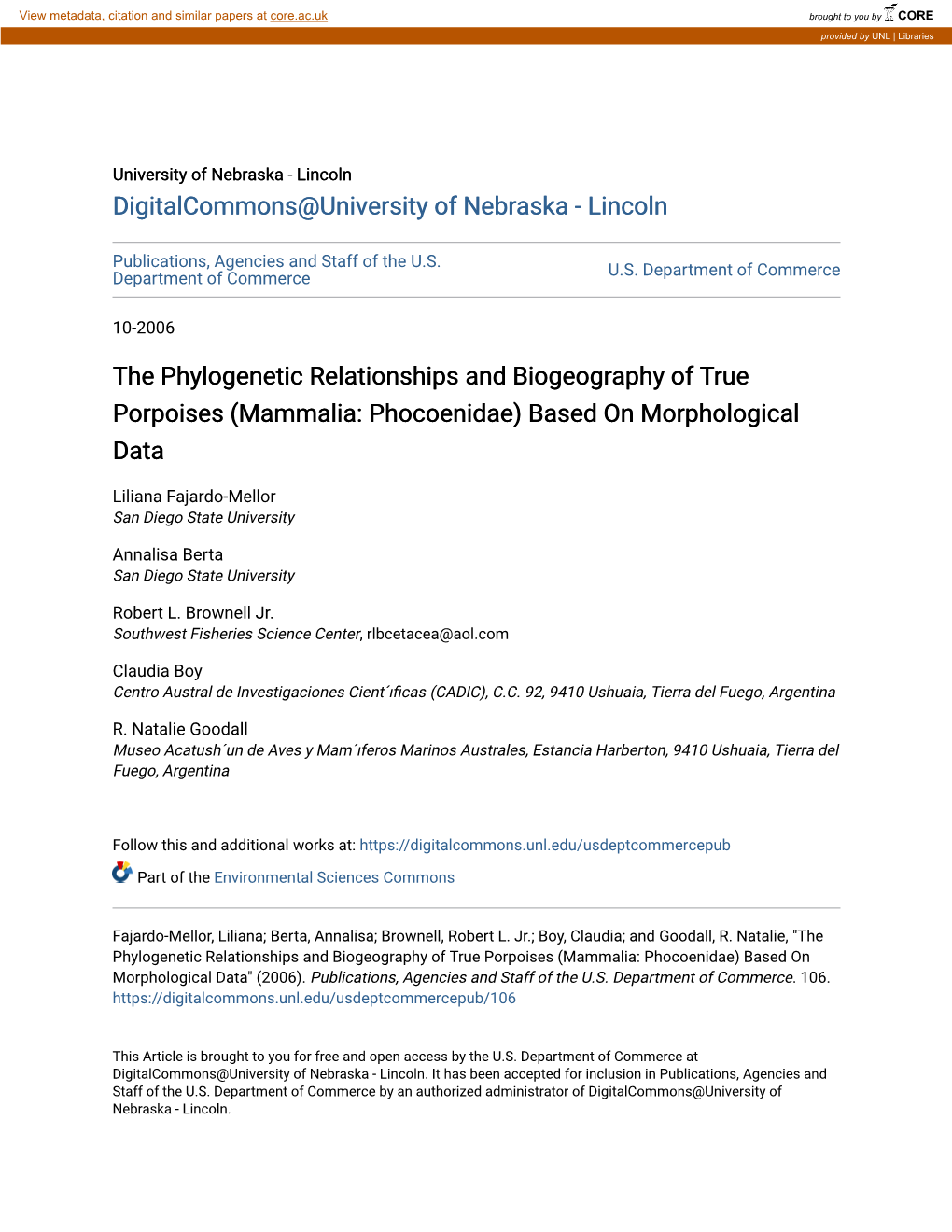 The Phylogenetic Relationships and Biogeography of True Porpoises (Mammalia: Phocoenidae) Based on Morphological Data