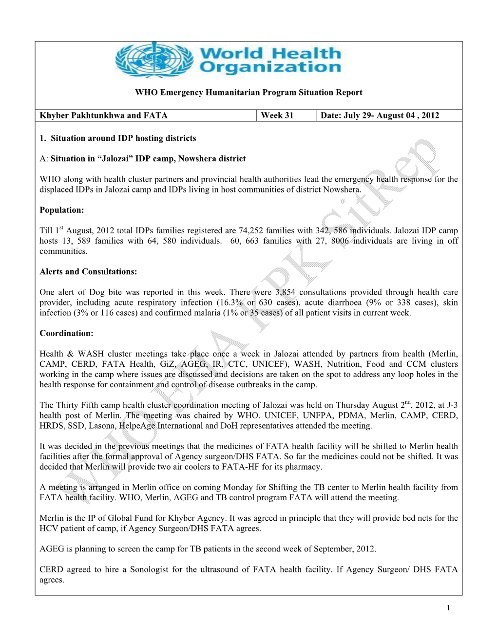 WHO Emergency Humanitarian Program Situation Report Khyber