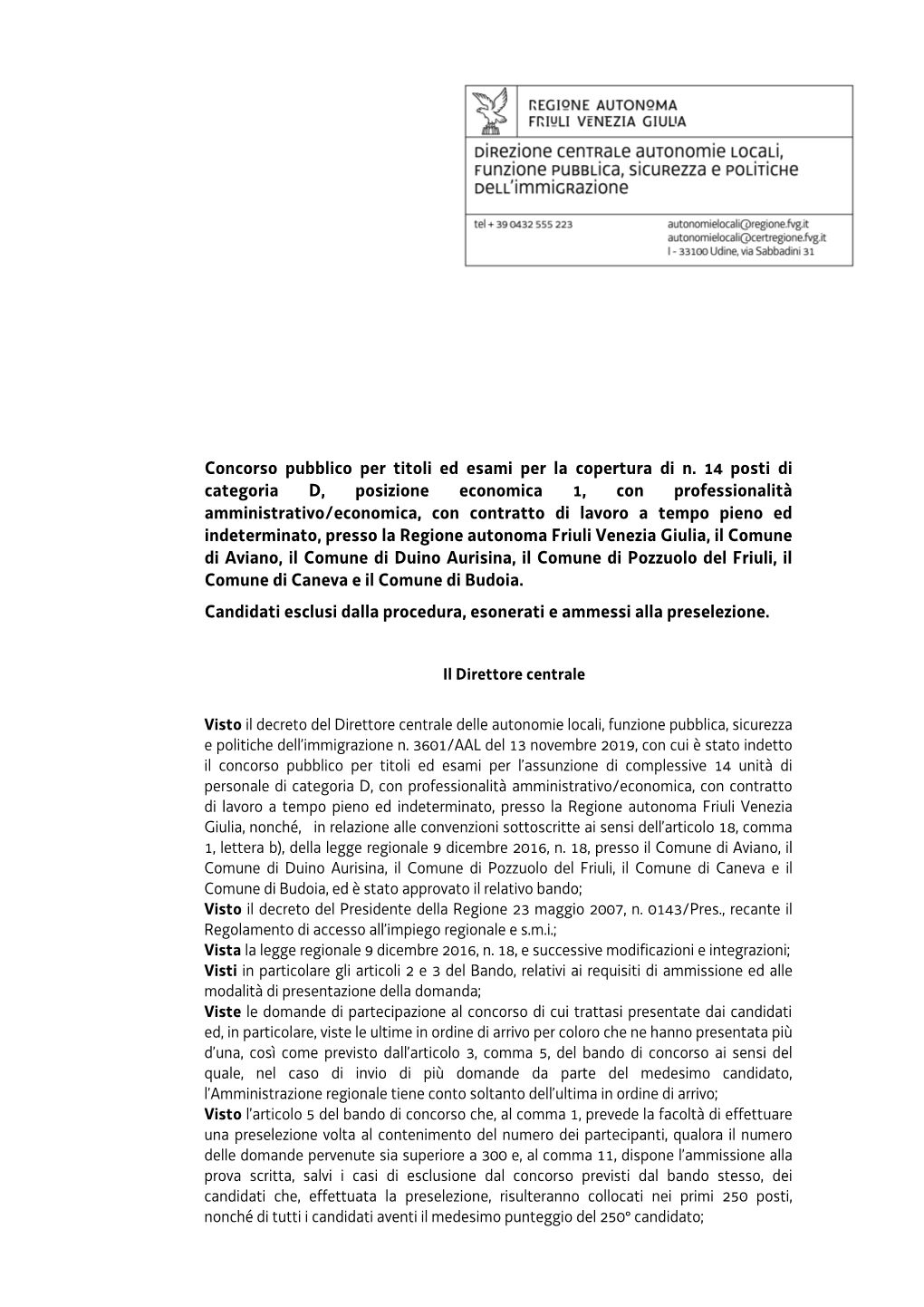 Concorso Pubblico Per Titoli Ed Esami Per La Copertura Di N. 14 Posti Di