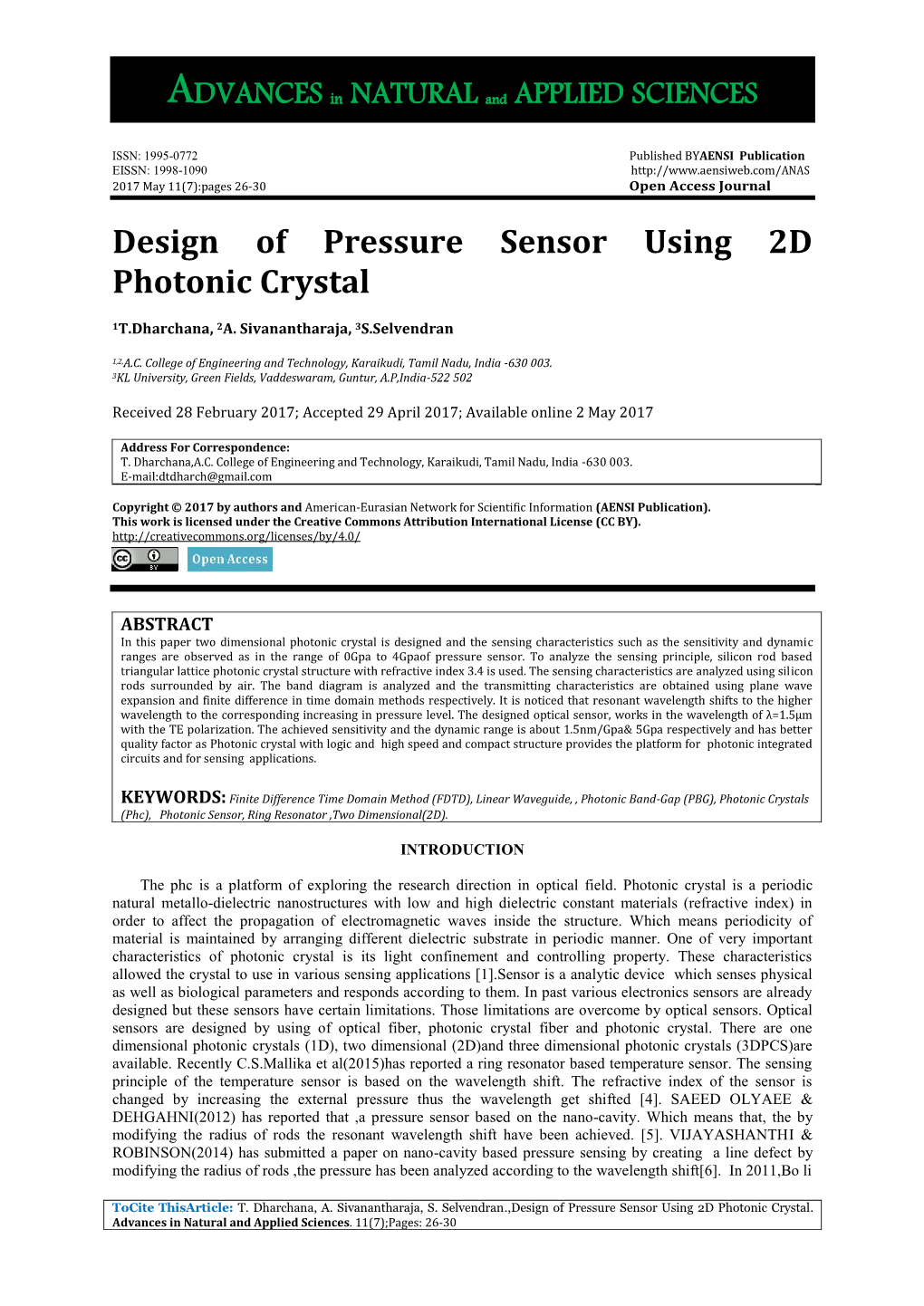 Design of Pressure Sensor Using 2D Photonic Crystal