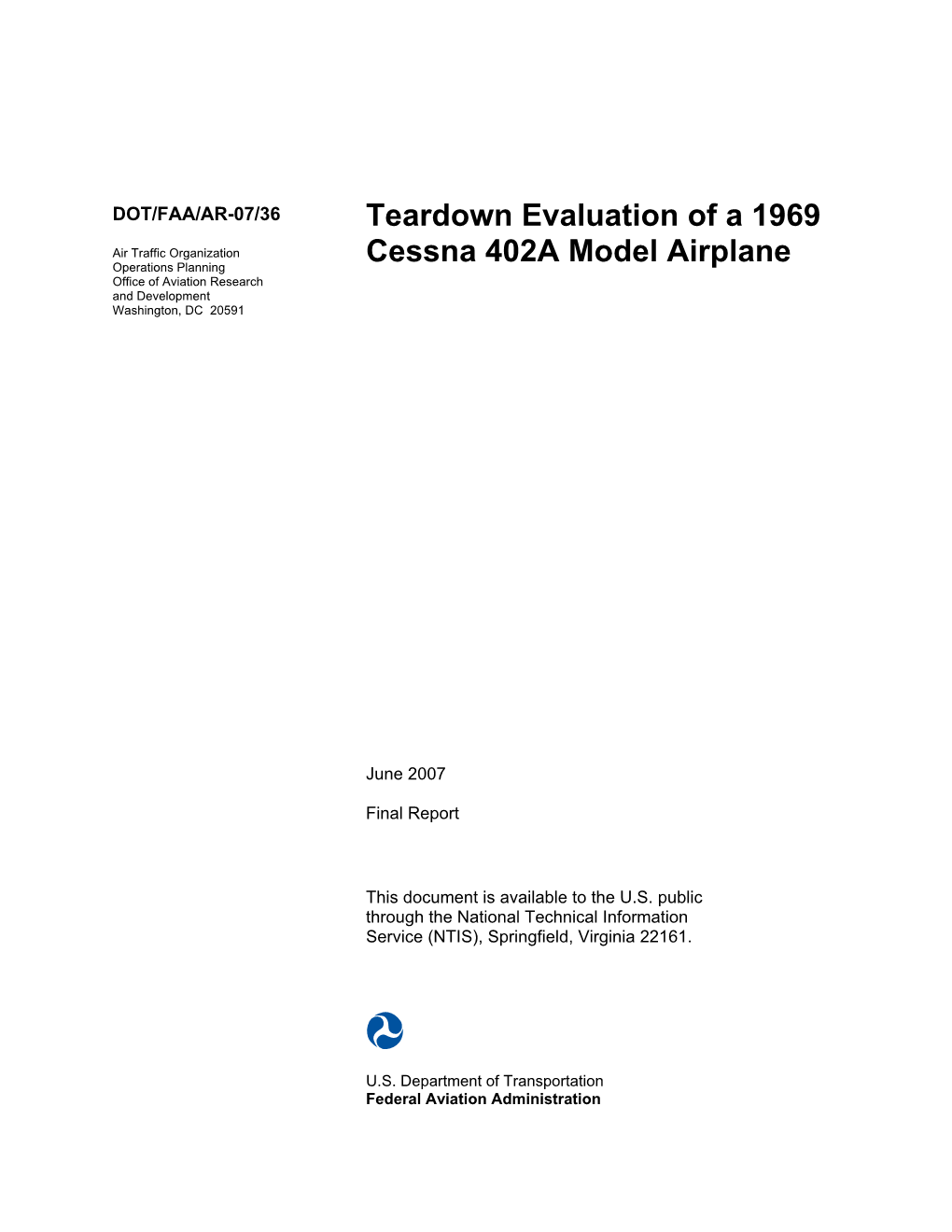 Teardown Evaluation of a 1969 Cessna 402A Model Airplane 6