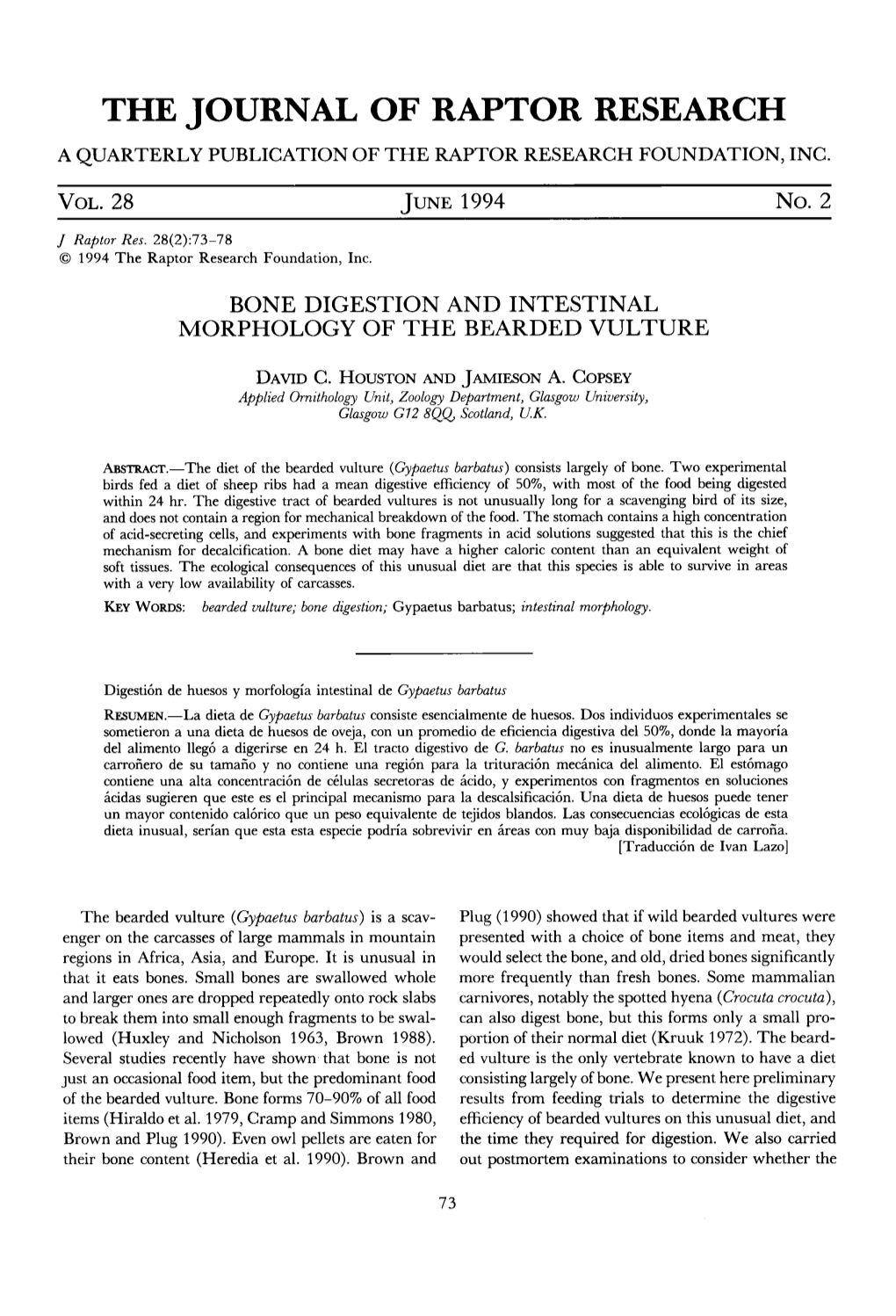 Bone Digestion and Intestinal Morphology of the Bearded Vulture