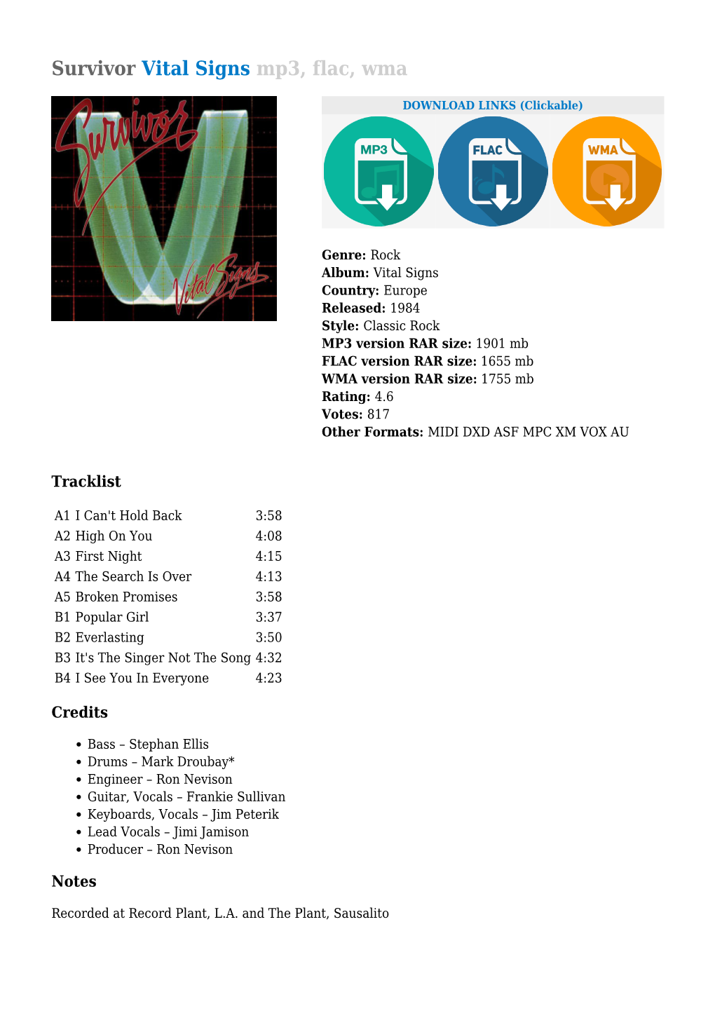 Survivor Vital Signs Mp3, Flac, Wma