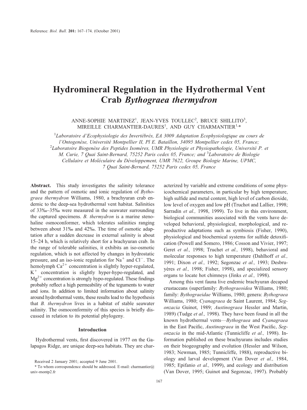 Hydromineral Regulation in the Hydrothermal Vent Crab Bythograea Thermydron