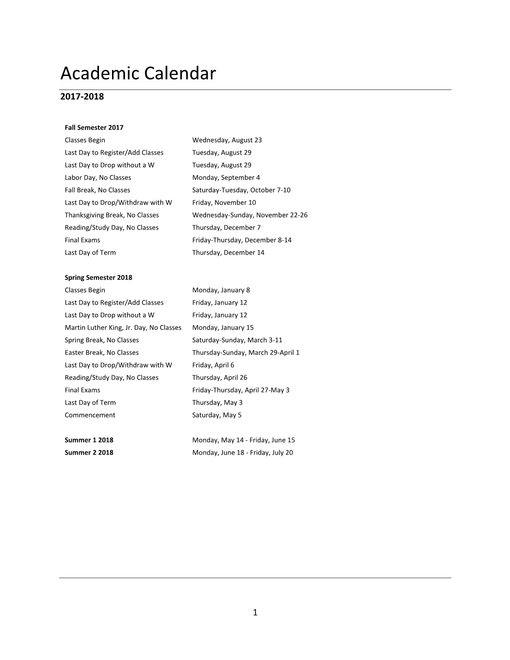 Academic Calendar 2017-2018