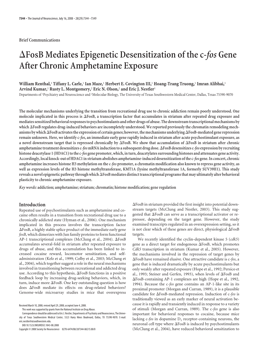 Fosb Mediates Epigenetic Desensitization of the C-Fosgene