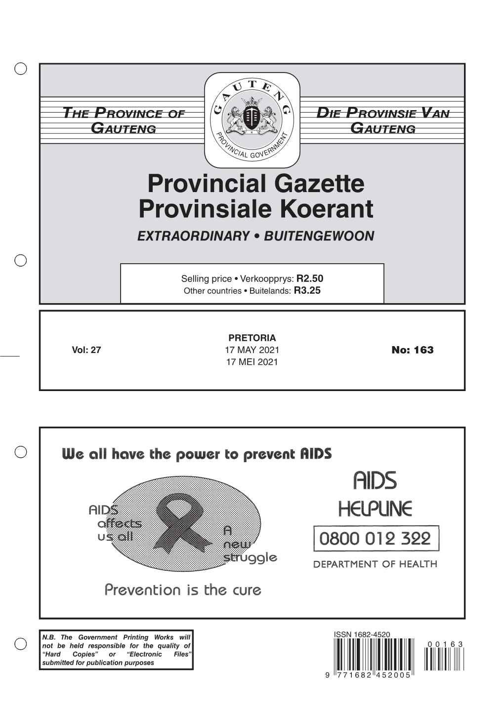 Provincial Gazette Provinsiale Koerant the Province of Gauteng Die