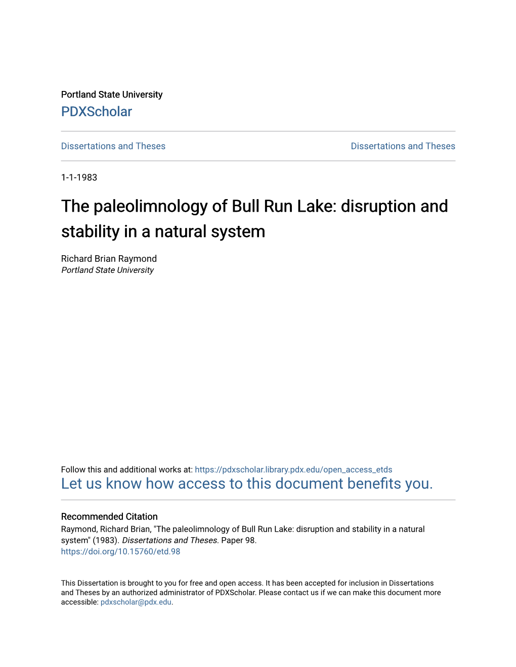 The Paleolimnology of Bull Run Lake: Disruption and Stability in a Natural System