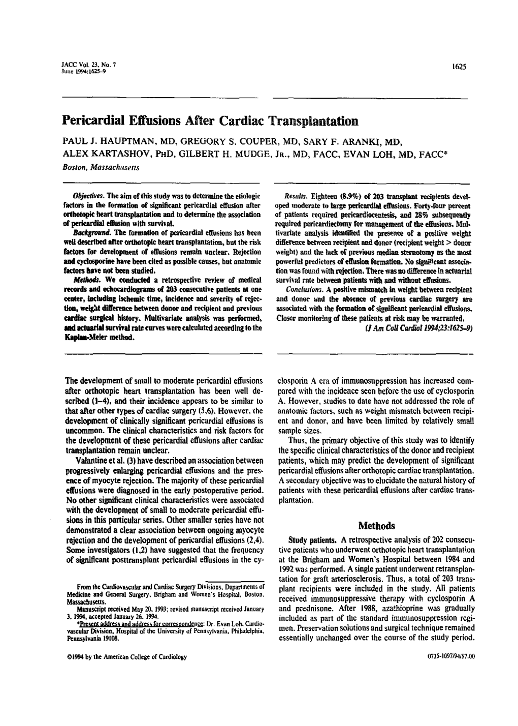 Pericardial Effusions After Cardiac Transplantation