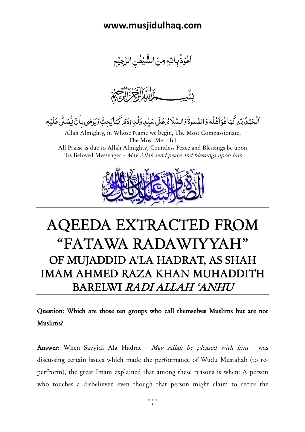 Ahlus Sunnah Creed from Fatawa Razvia