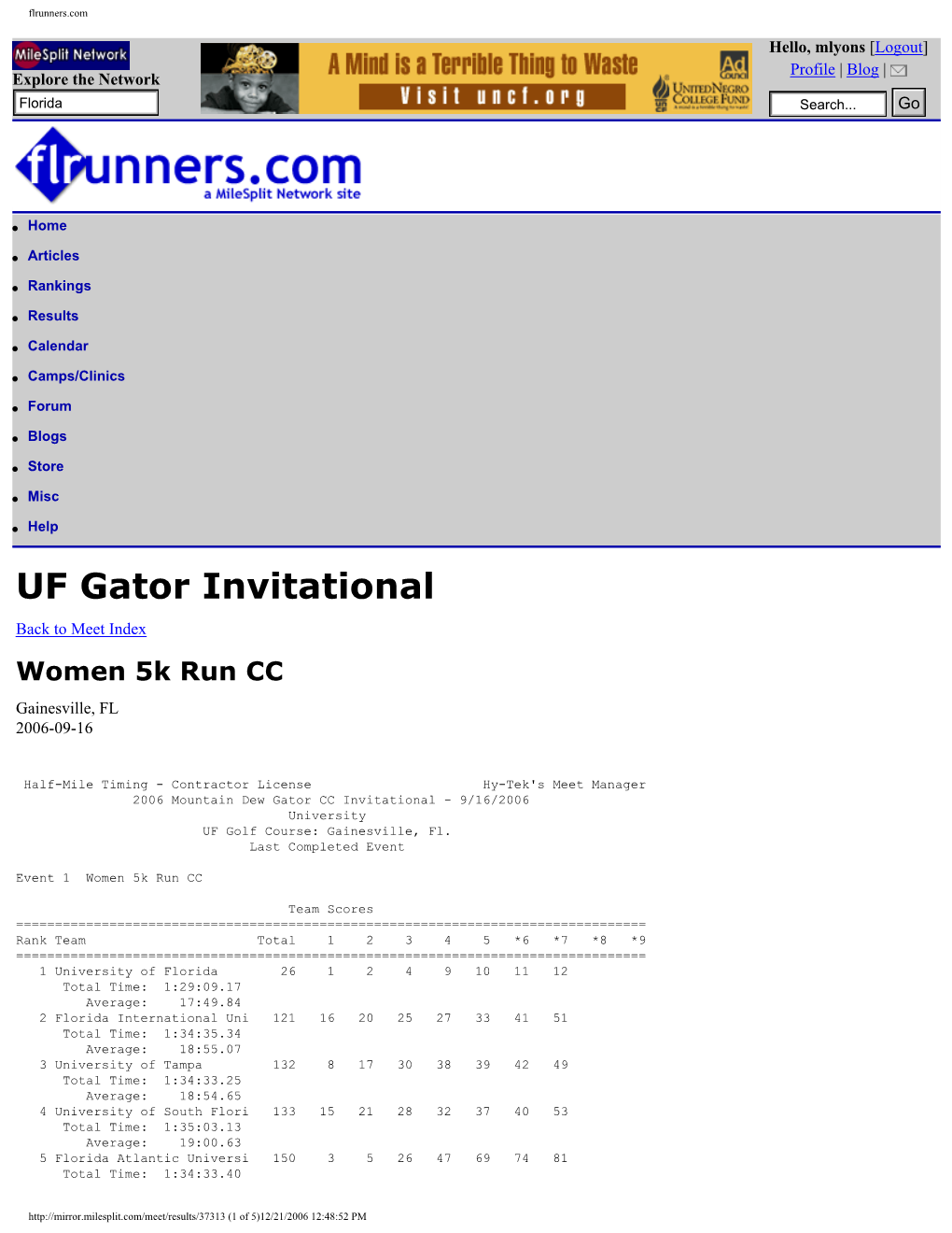 UF Gator Invitational Back to Meet Index Women 5K Run CC Gainesville, FL 2006-09-16