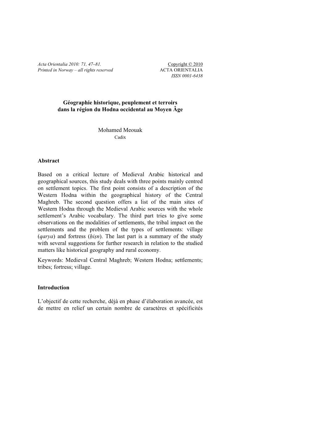 Géographie Historique, Peuplement Et Terroirs Dans La Région Du Hodna Occidental Au Moyen Âge Mohamed Meouak Abstract Based