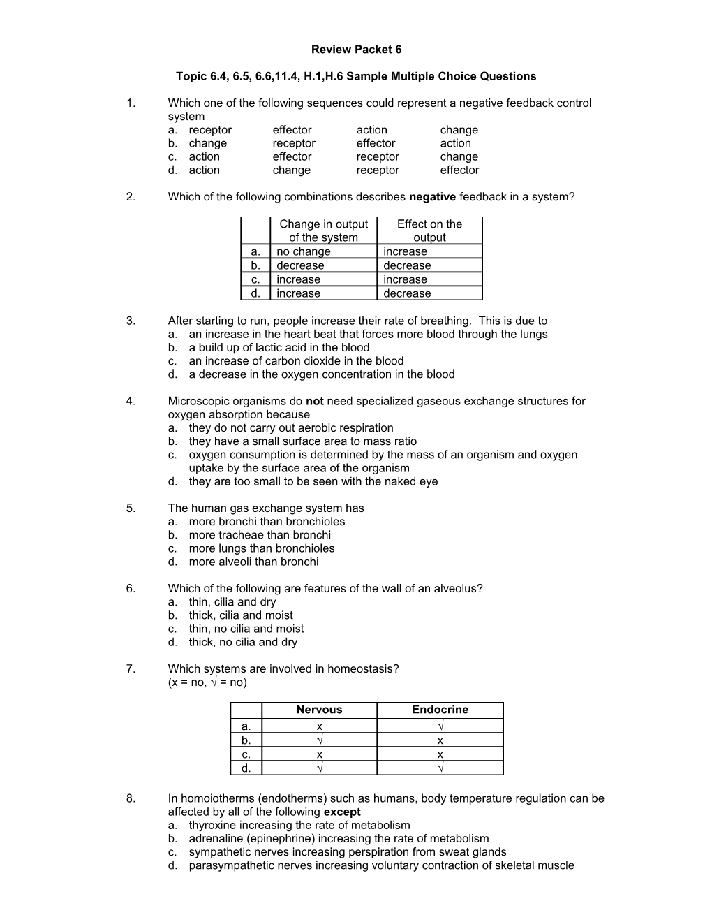 Topic 6.4, 6.5, 6.6,11.4, H.1,H.6 Sample Multiple Choice Questions