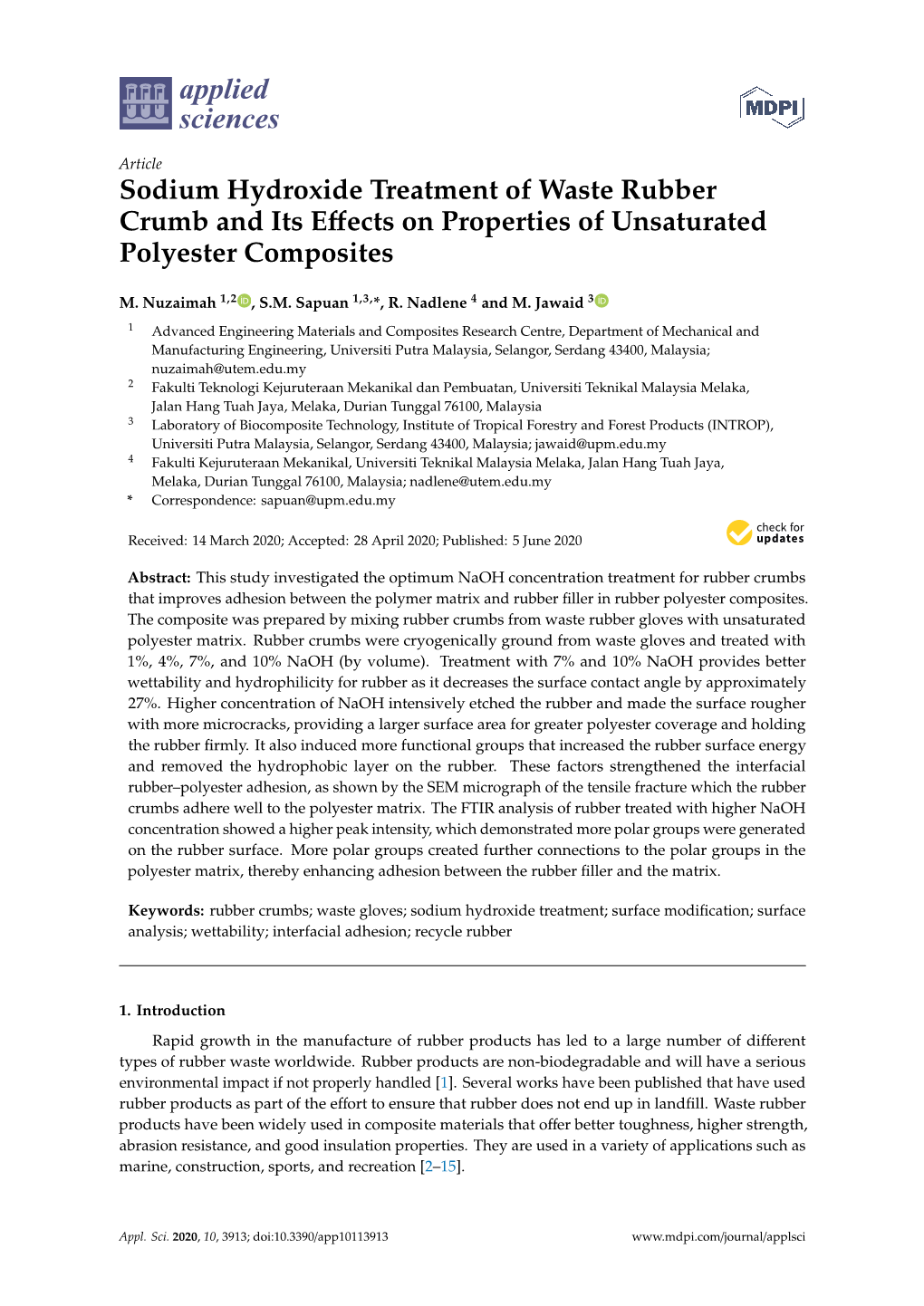 Sodium Hydroxide Treatment of Waste Rubber Crumb and Its Effects On