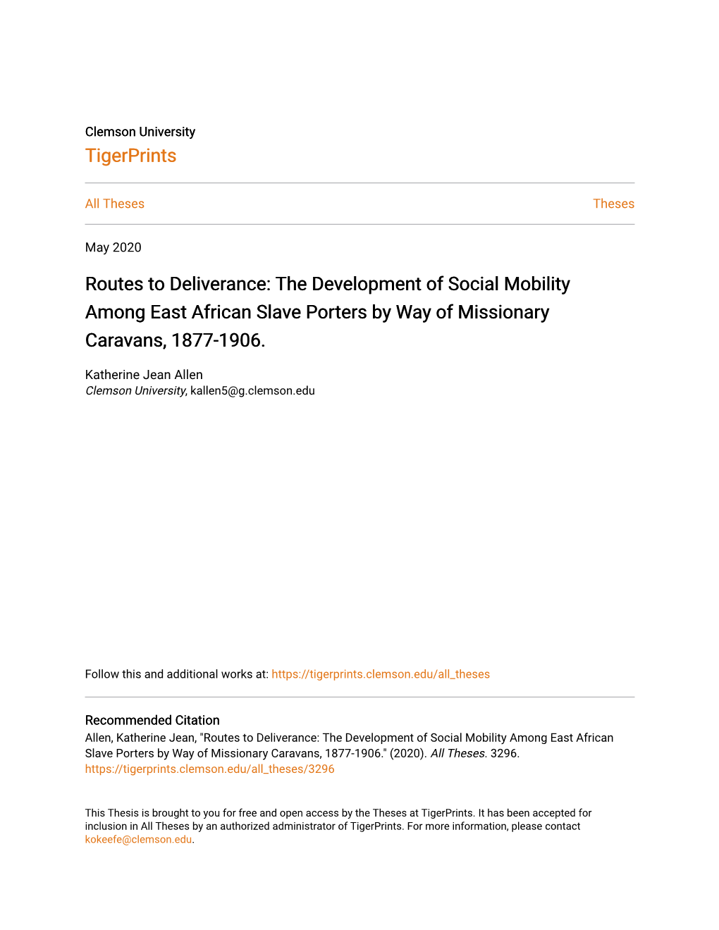 The Development of Social Mobility Among East African Slave Porters by Way of Missionary Caravans, 1877-1906