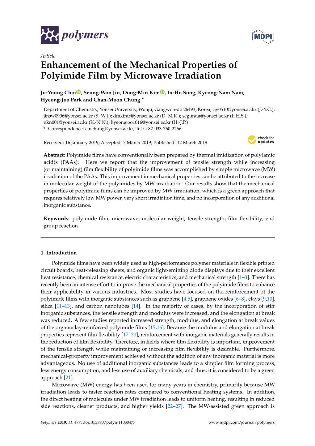 Enhancement of the Mechanical Properties of Polyimide Film by Microwave Irradiation